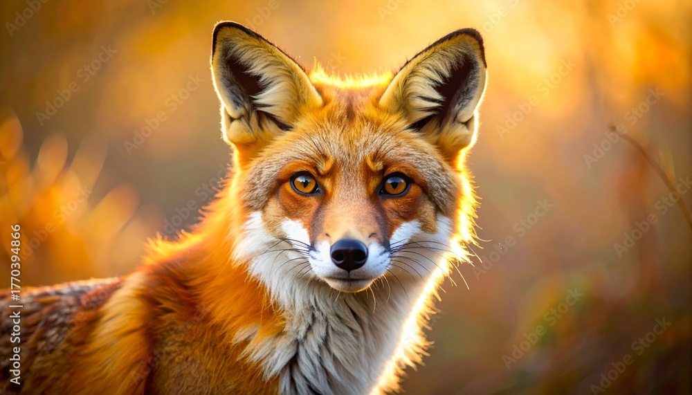 Fototapeta premium Fox looking directly into camera with soft focus and warm earthy colors 