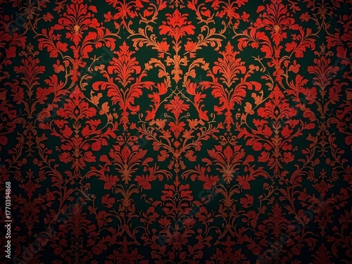 Ornate Red and Black Damask Floral Pattern with Vignette
