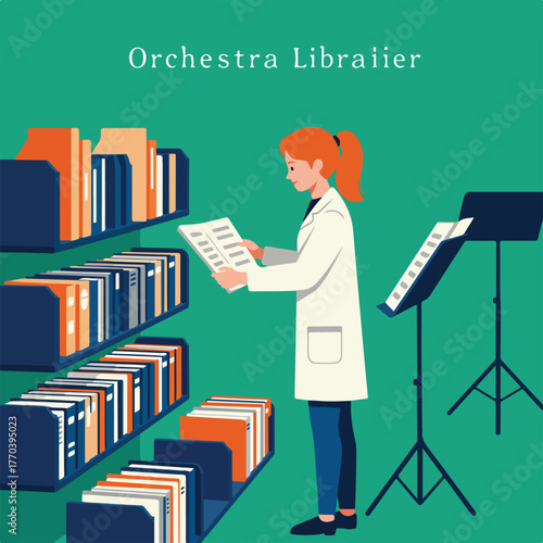 Illustration of a woman in a lab coat reading sheet music near shelves of books and music stand