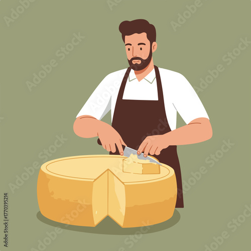 A man in a white shirt and apron cuts a wedge of cheese from a large round wheel
