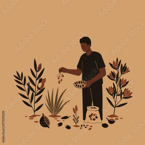 A person in black clothing is shown harvesting crops, surrounding plants, seeds, and pods