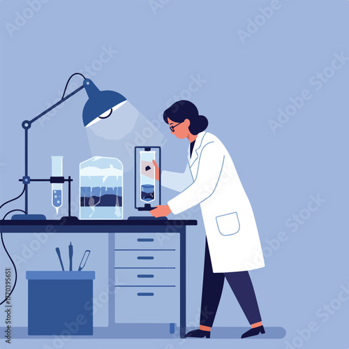 A scientist in a lab coat examines a transparent container with samples, lit by a desk lamp. Background is light blue