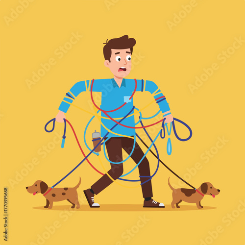 A man struggles while walking two dogs, tangled in their leashes, looking stressed. Yellow background