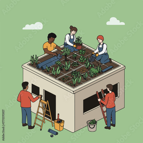 A rooftop garden project shows people working together to cultivate plants on top of a structure. People and tools