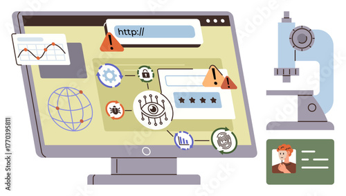 Computer screen with warning icons, virus alerts, and analytics, alongside a microscope and an ID card. Ideal for cybersecurity, online safety, data analysis, tech research, malware risk management