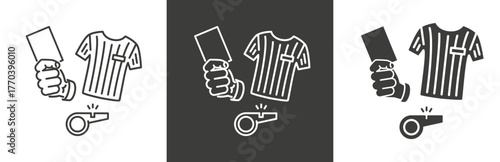 flat and linear set icons, striped t shirt referee icon, sportive judge, whistle, referee card, simple symbols on white and black background - editable stroke vector illustration