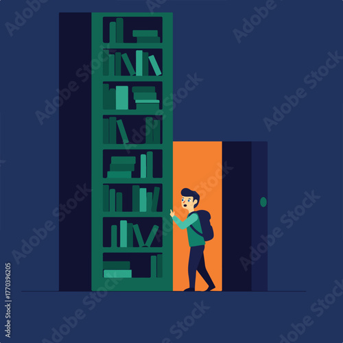 A person with a backpack enters an orange door near a green bookshelf filled with books. Dark blue ambiance