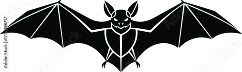 Symmetrical bat illustration with extended wings and anatomical detail, black-and-white vector design for gothic, nocturnal, and Halloween concept