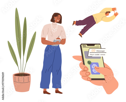 Hand accessing phone via fingerprint scanner, smiling woman writing, flying man, potted plant. Ideal for security, communication, productivity, imagination, creativity technology inspiration