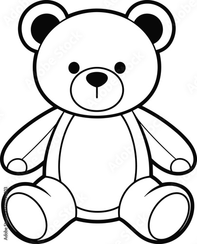 Teddy bear line drawing illustration in black and white, sitting pose with outlined belly, cartoon-style coloring page concept