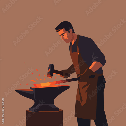 A blacksmith forges metal on an anvil with a hammer. Sparks fly as he works in a warm, sepia-toned illustration