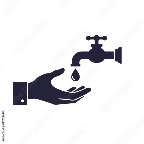 A faucet with a water drop about to land in an open palm, suggesting hand hygiene