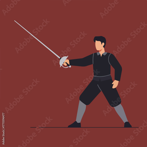 A stylized illustration depicting a fencer in a classic stance, poised with a saber against a reddish background