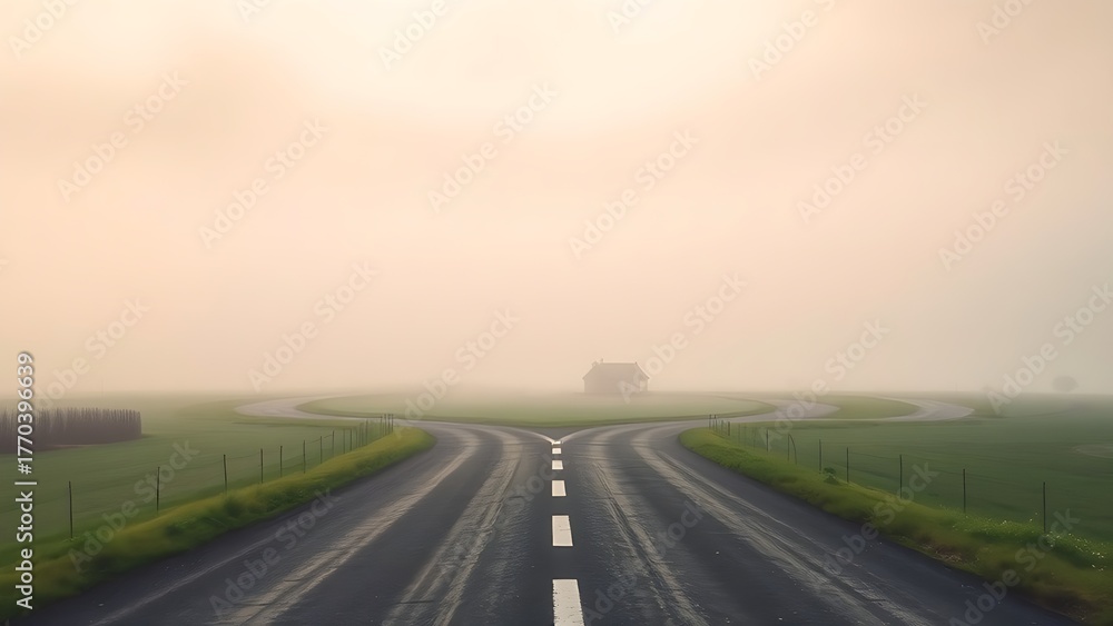 Fototapeta premium A conceptual crossroads splitting in two directions, symbolic path choice.