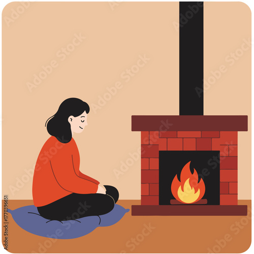 A person sits meditatively on a cushion by a cozy brick fireplace, a warm fire burning brightly