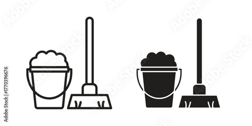 Mop cleaning icon illustrations collection. editable stroke outline and flat style