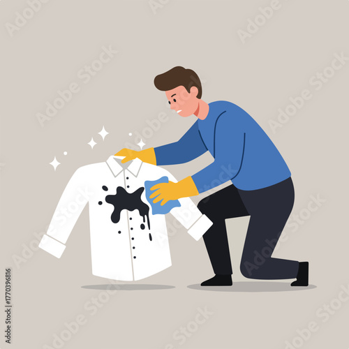 Illustration of a person cleaning a stained white shirt with a cloth and gloves, kneeled down