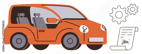 Red car illustration with visible seats, two gears symbolizing mechanics, and a signed document highlighting agreement aspects. Ideal for car maintenance, repair, sales, contracts, inspection, legal