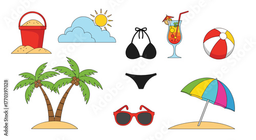 A collection of beach and summer vacation icons, including a sand bucket, palm trees, and a colorful umbrella.