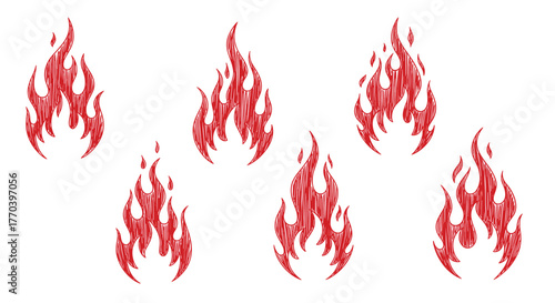 Collection of stylized red fire flames with a sketched texture on a white background.