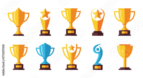 Collection of ten golden and blue trophies representing victory and achievement.