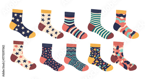 A colorful assortment of ten patterned socks arranged in two rows on a white background.