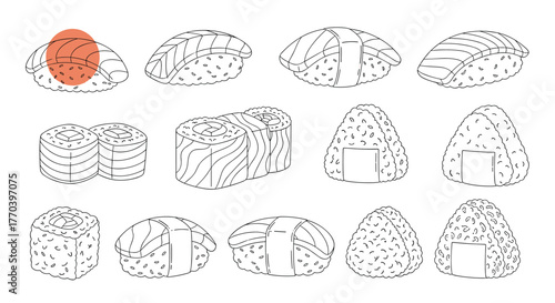Collection of various hand-drawn sushi and onigiri illustrations in a simple line art style.
