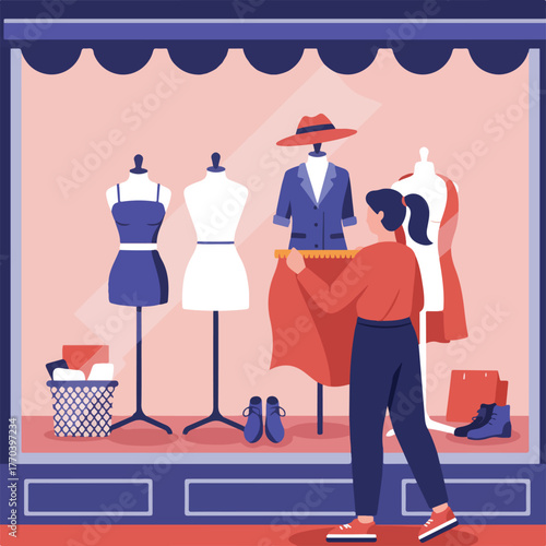 Illustration of a fashion designer in a boutique window measuring fabric for a dress on a mannequin