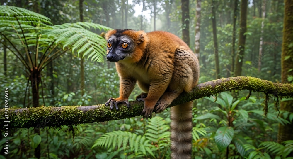 Fototapeta premium Red-fronted Brown Lemur Perched on a Mossy Branch in Rainforest.