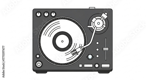 Illustration of a turntable, a device used for playing vinyl records and creating music for djing and mixing