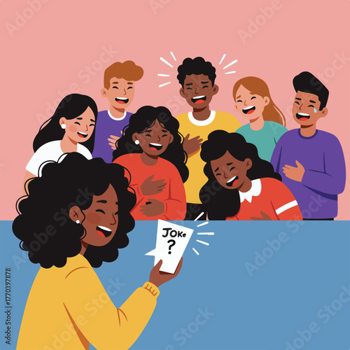 A person shares a joke, eliciting laughter from a diverse group. The words "Joke?" are on a card