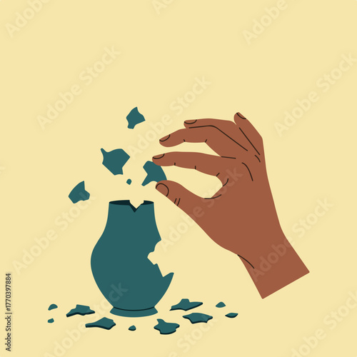 A brown hand tries to gather the scattered pieces of a broken, teal vase against a beige background
