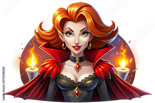 Beautiful woman dressed as vampire with red glowing eyes under candlelight in gothic interior