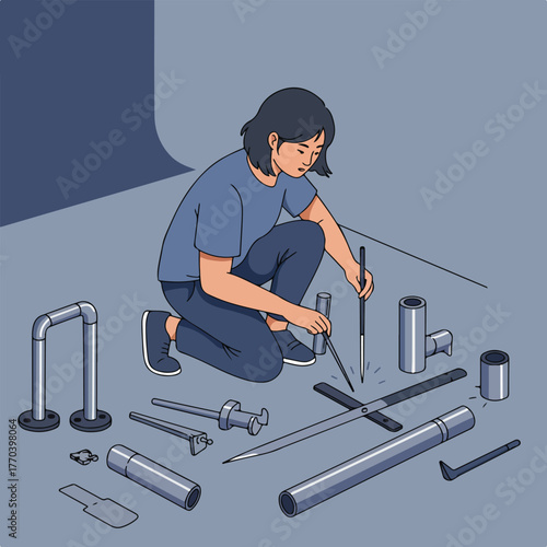 A woman kneels amongst metal pieces, welding a connection, with blue and grey color scheme
