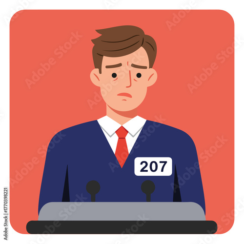 Illustration of a man at a podium, looking sad. He has a number tag and is wearing a suit and tie