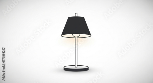 Illustration of a black table lamp with a metal base and a lampshade, casting a warm glow