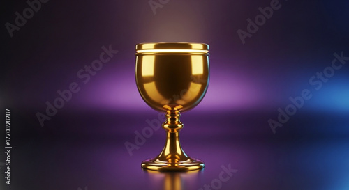 Golden goblet with a radiant glow, set against a backdrop of purple and blue hues, creating a mystical atmosphere