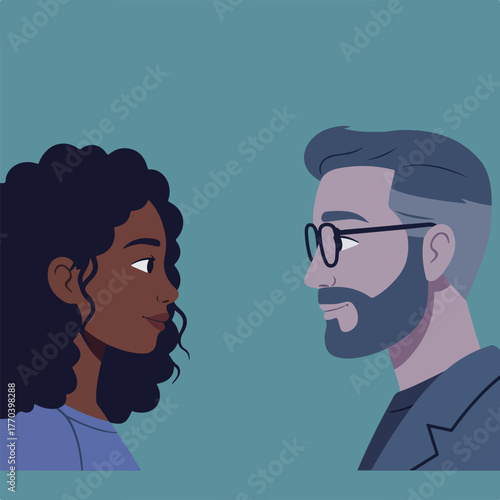 Illustration of two individuals facing each other. One is a woman with curly hair, and the other a man with glasses