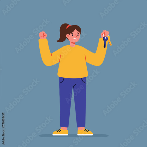 A cartoon woman with a ponytail and distressed expression holds keys, arms raised, facing the viewer