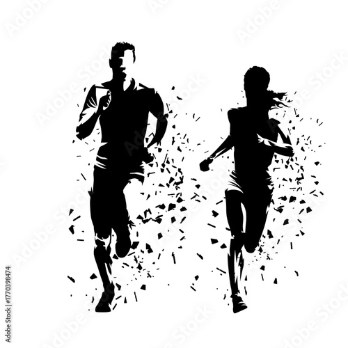 Run, group of running people, man and woman running, isolated vector silhouettes with dispersion effect