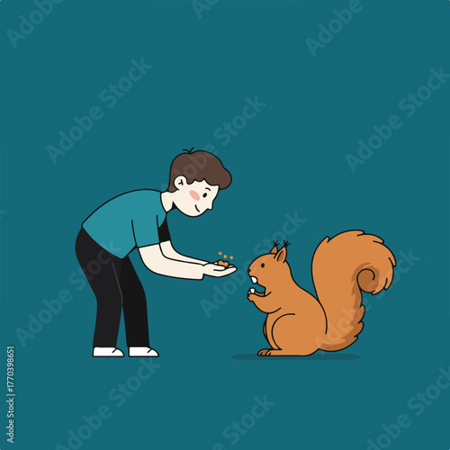 A cartoon depicts a person offering food to a squirrel. The squirrel sits, tail up, expecting treats. Both smile