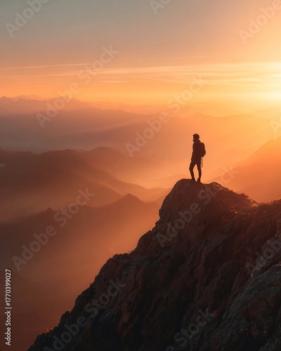 Solo hiker standing on mountain peak at sunrise, golden light over misty ridges, adventure and freedom.