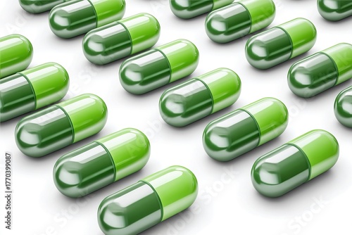 Medical capsules of green color, isolated on white background. Ai Generative