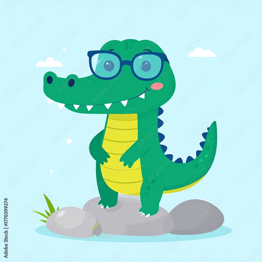 Obraz premium Adorable green cartoon alligator character stands smiling happily on rocks, wearing trendy blue eyeglasses.