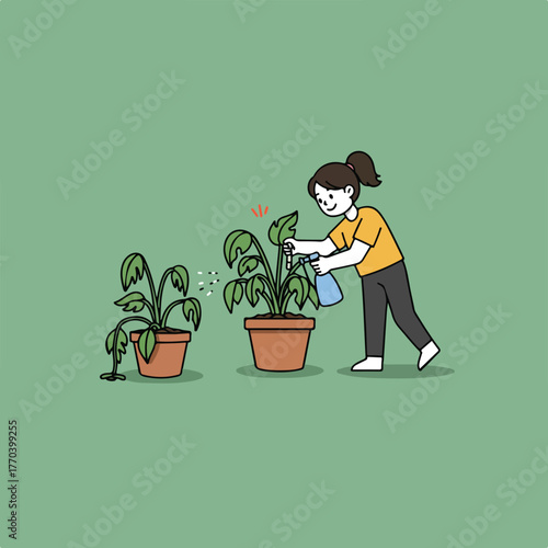 Cartoon illustration of a person watering plants. One plant droops, the other is misted. Background is green