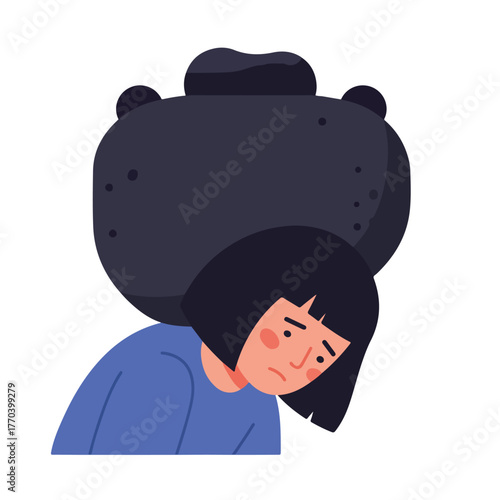Illustration depicts a person burdened by a heavy weight on their back, conveying themes of stress