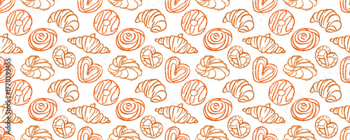 Crayon croissants, pretzels and donuts on white background. Doodle bakery background. Sketch pastry cookies seamless pattern 