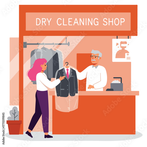 Illustration shows a dry cleaning shop, a customer picking up a suit from a shopkeeper
