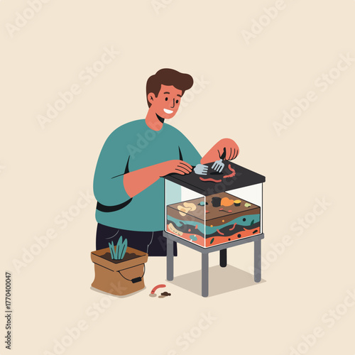 A person uses a tool in a composting worm bin. A potted plant and worm castings are nearby