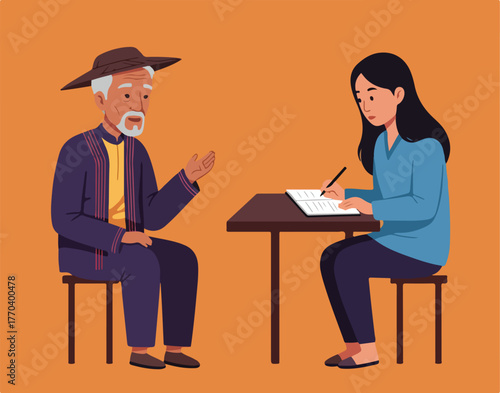 An elderly man in cultural attire converses with a woman taking notes at a table. The setting is on a vibrant orange background